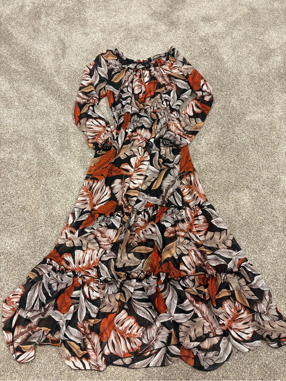 Autumn Leaf-Print Maxi Dress in Black and Rust